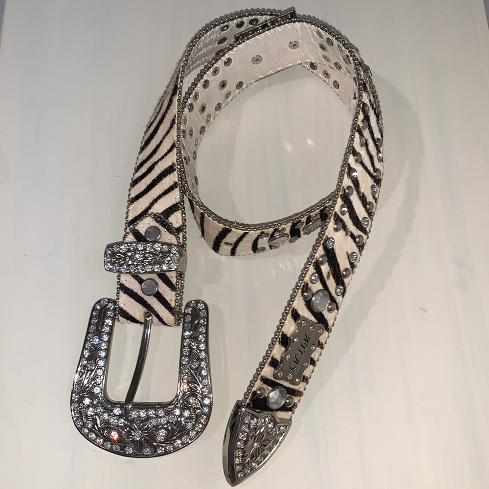 Zebra Leather Cowhide Rhinestone Western Belt Crystal Embellishment